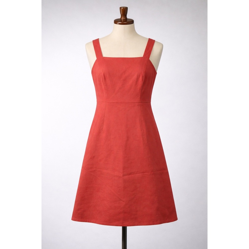 J.Crew Re-Imagined Red‎ Orange Linen Blend Square Neck A-Line Dress Size 2